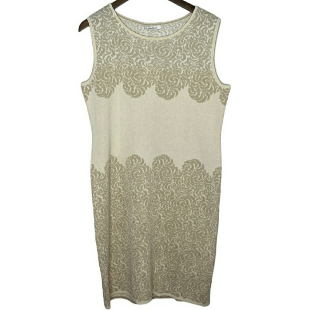 Max Mara Size Xl Jacquard Knit Tan And Gold Dress